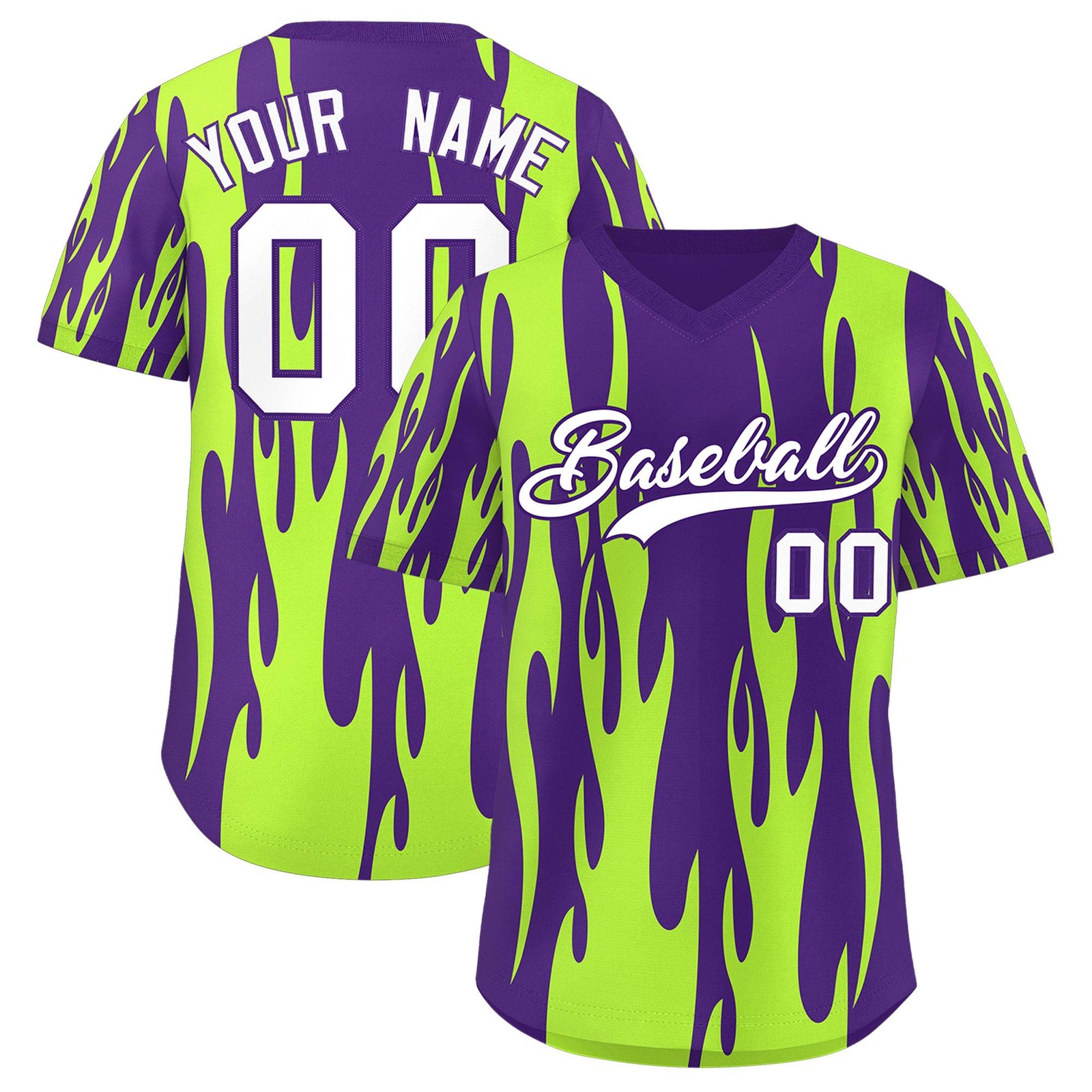 Custom Purple Neon Green Flame Pattern Authentic Pullover Baseball Jersey
