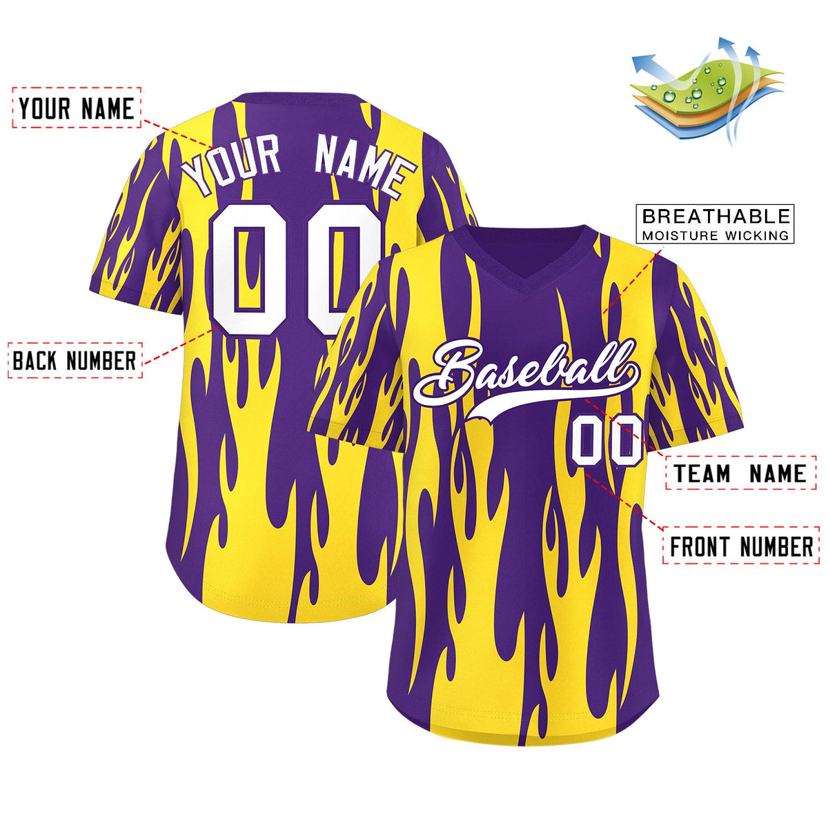 Custom Purple Gold Flame Pattern Authentic Pullover Baseball Jersey