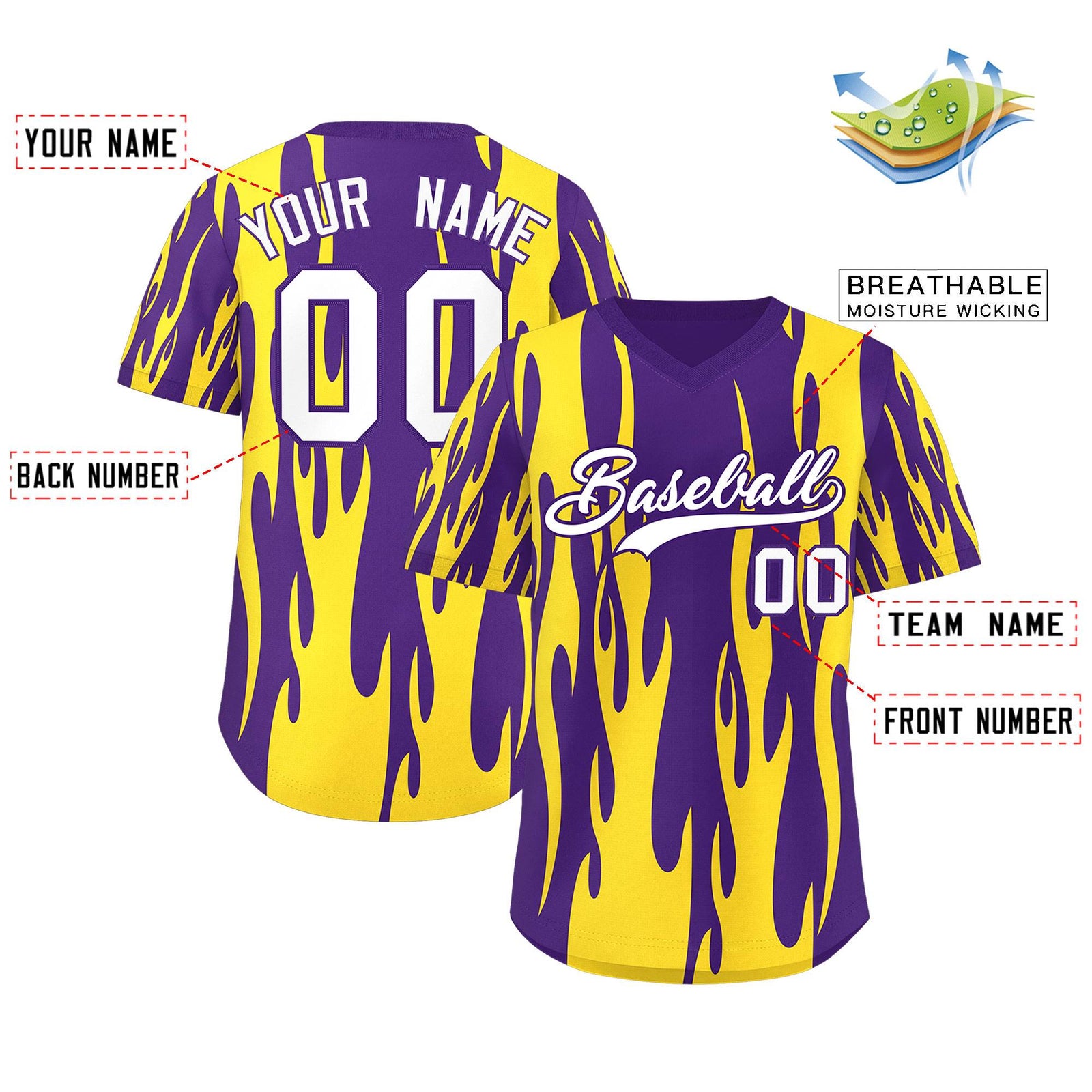 Custom Purple Gold Flame Pattern Authentic Pullover Baseball Jersey