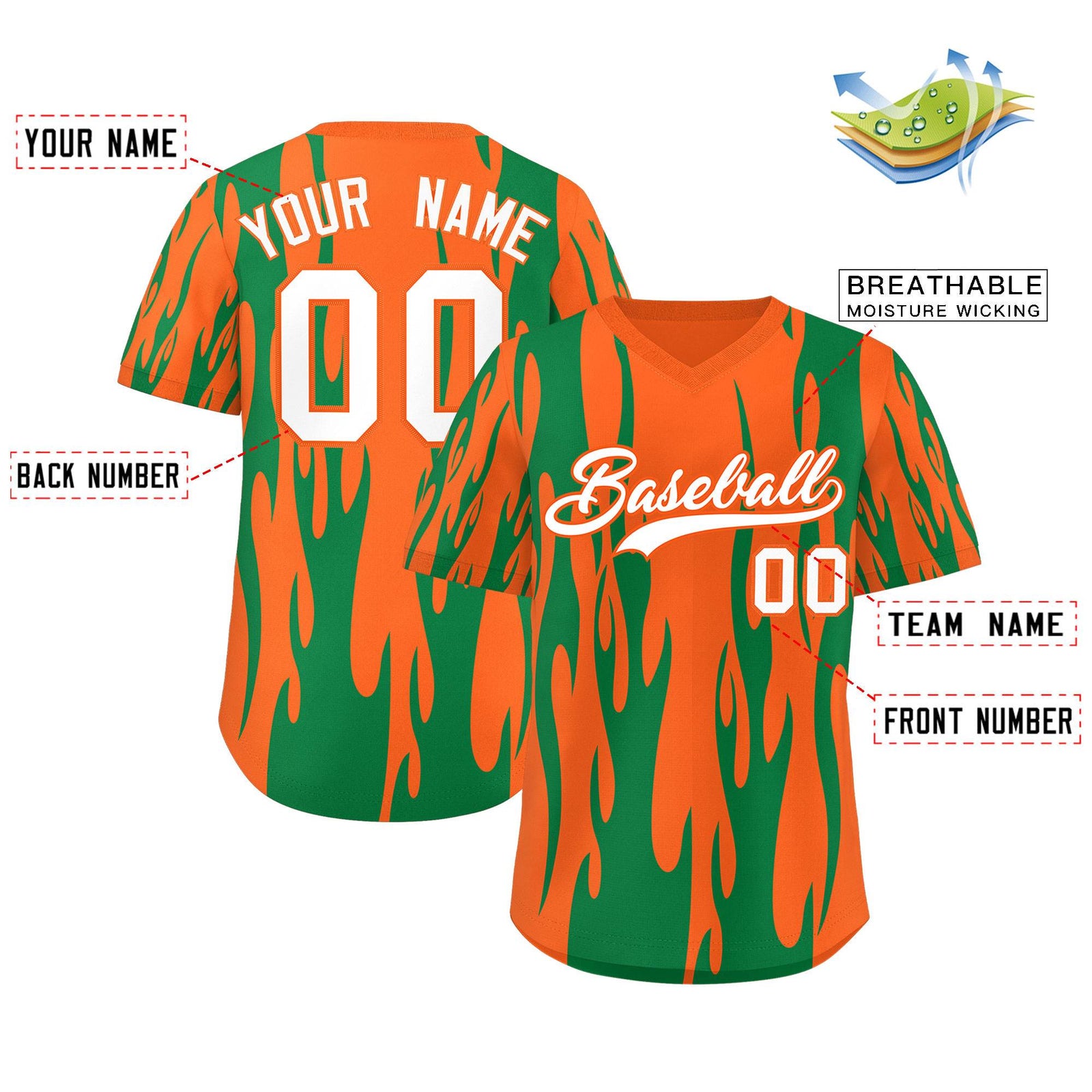 Custom Orange Kelly Green Flame Pattern Authentic Pullover Baseball Jersey