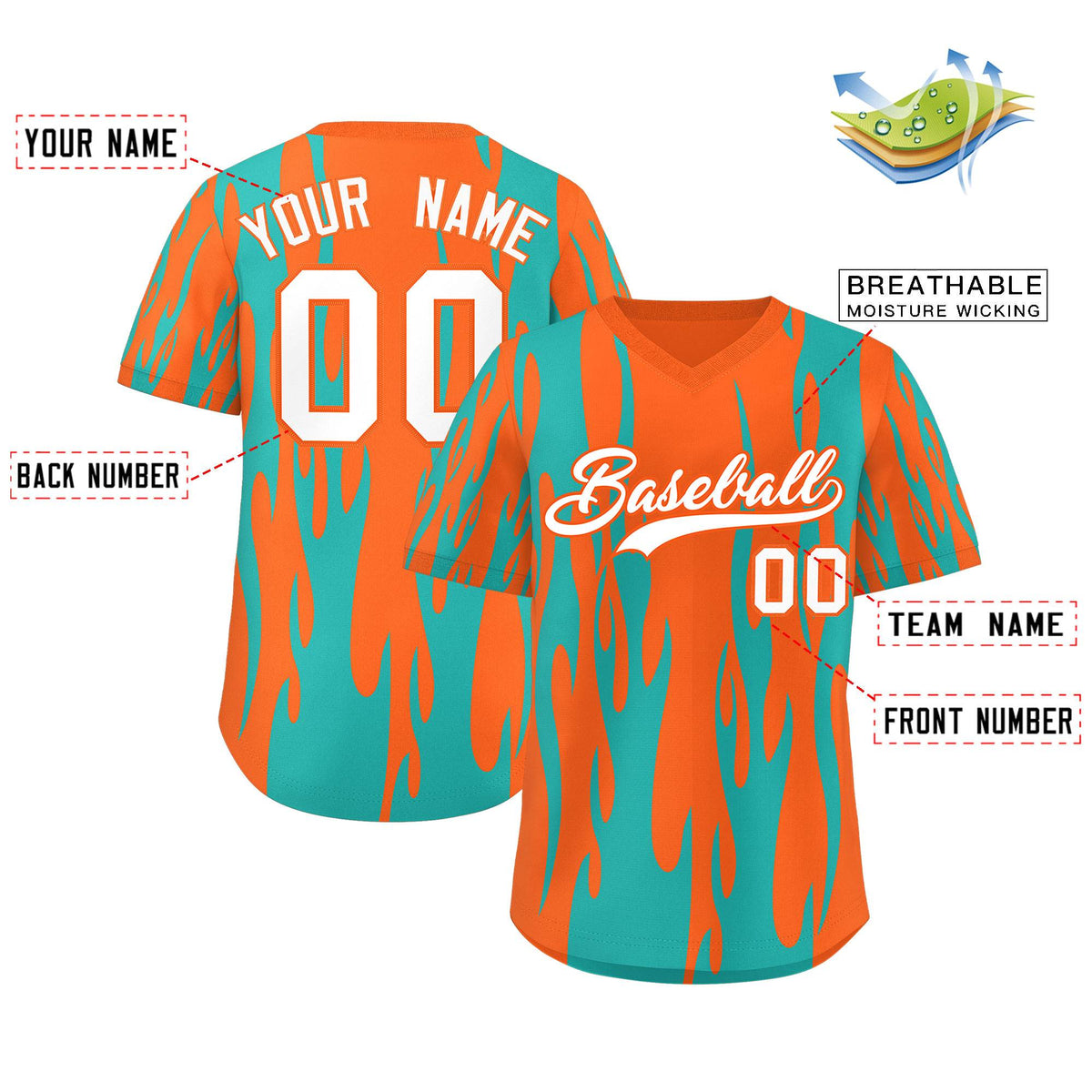 Custom Orange Aqua Flame Pattern Authentic Pullover Baseball Jersey