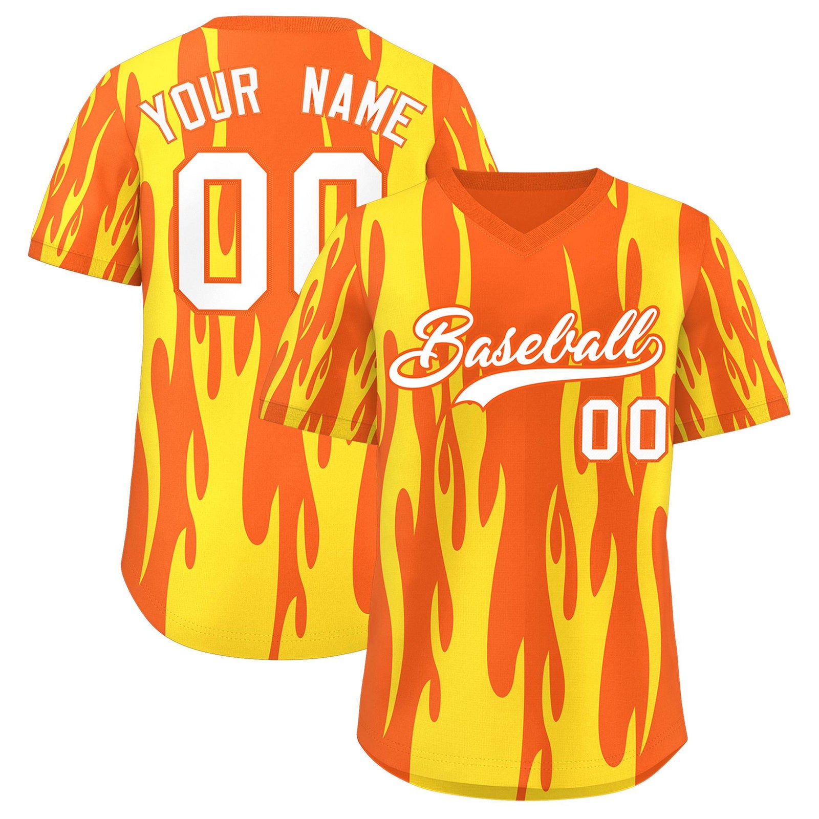 Custom Orange Gold Flame Pattern Authentic Pullover Baseball Jersey