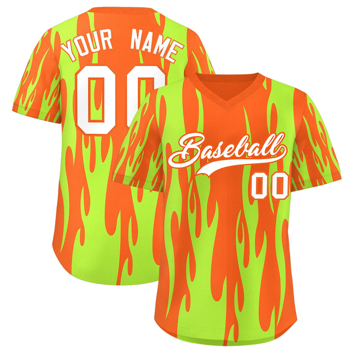 Custom Orange Neon Green Flame Pattern Authentic Pullover Baseball Jersey