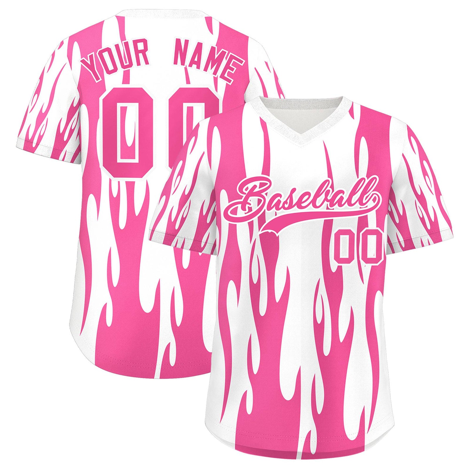 Custom White Pink Flame Pattern Authentic Pullover Baseball Jersey