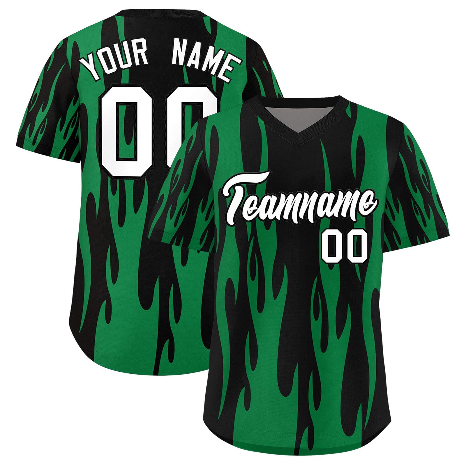 Custom Black Kelly Green Flame Pattern Authentic Pullover Baseball Jersey