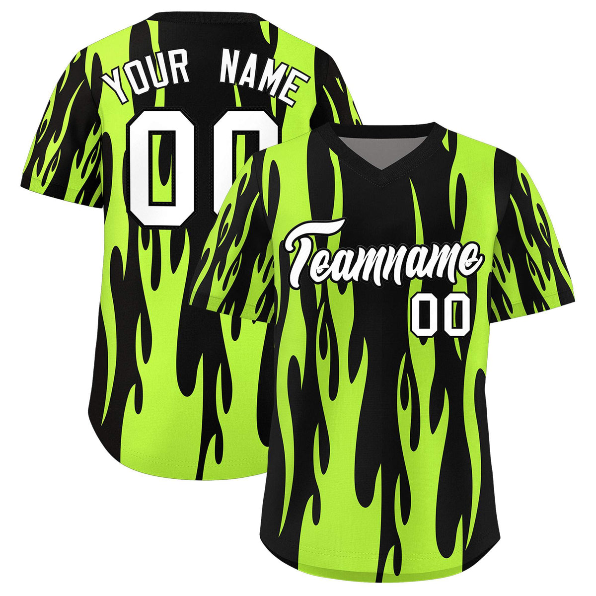 Custom Black Neon Green Flame Pattern Authentic Pullover Baseball Jersey