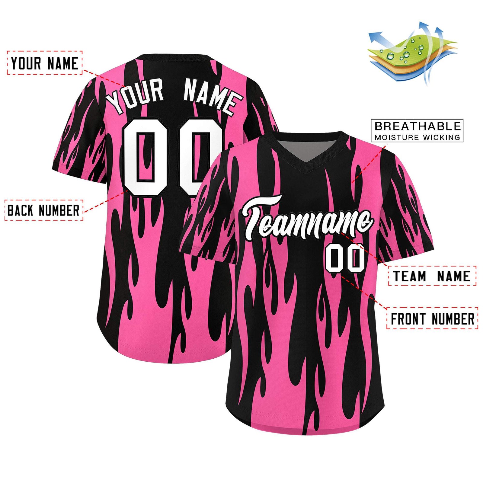 Custom Black Pink Flame Pattern Authentic Pullover Baseball Jersey