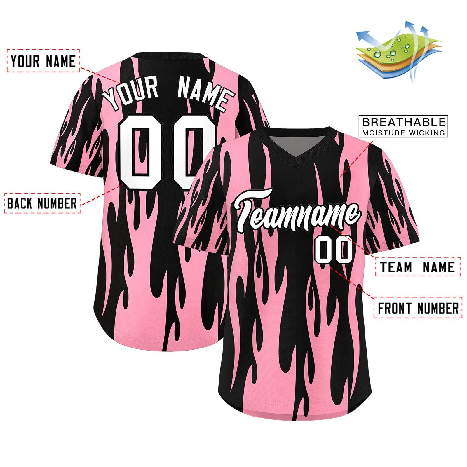 Custom Black Light Pink Flame Pattern Authentic Pullover Baseball Jersey