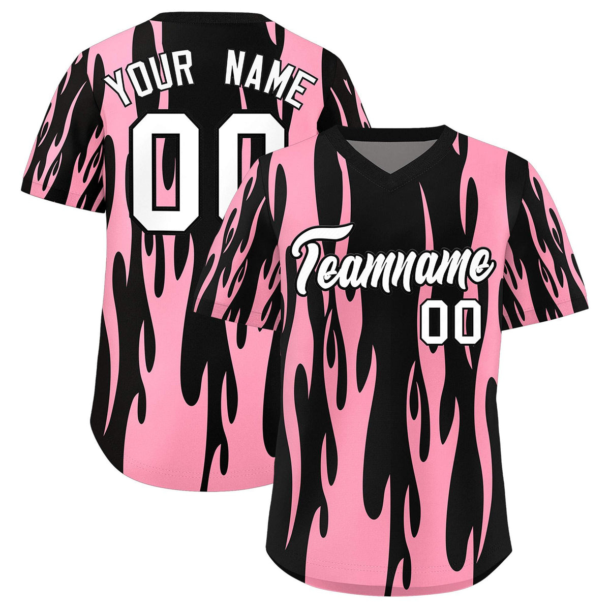 Custom Black Light Pink Flame Pattern Authentic Pullover Baseball Jersey