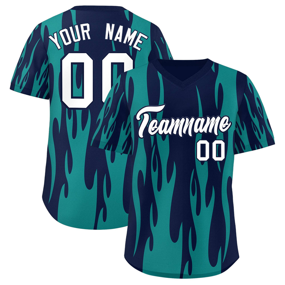 Custom Navy Aqua Flame Pattern Authentic Pullover Baseball Jersey