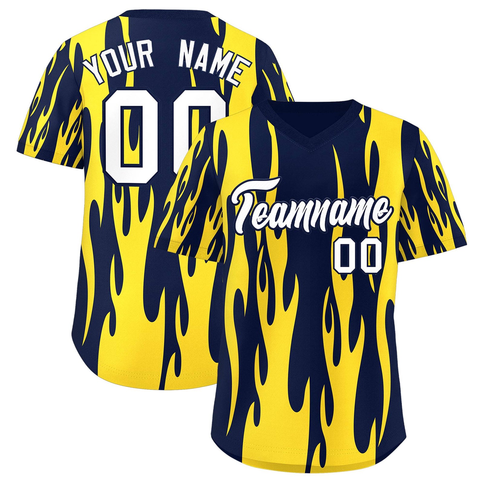 Custom Navy Gold Flame Pattern Authentic Pullover Baseball Jersey