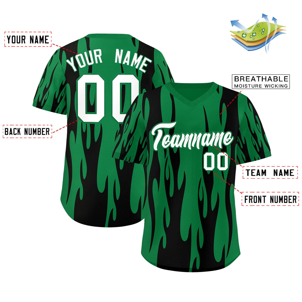 Custom Kelly Green Black Flame Pattern Authentic Pullover Baseball Jersey