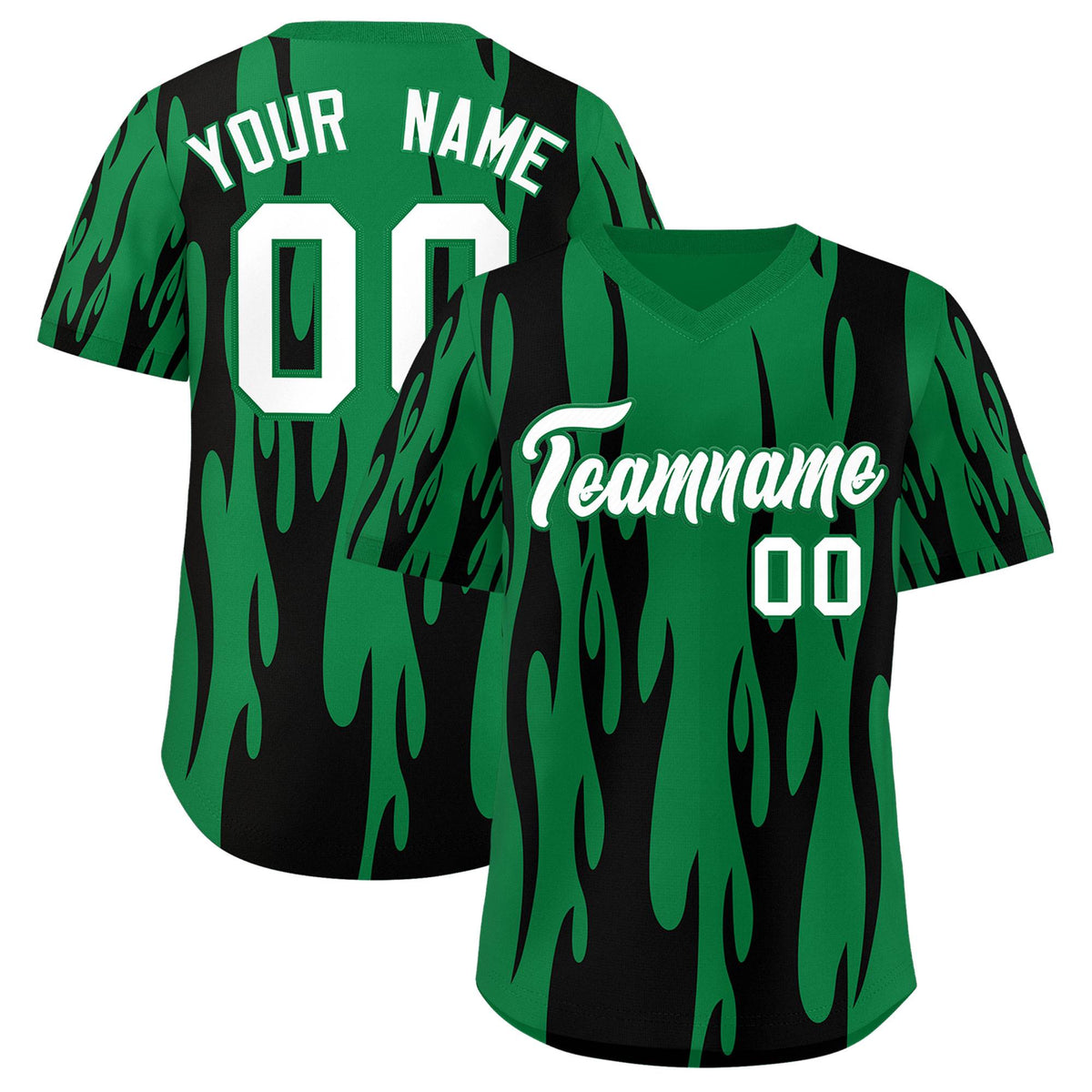 Custom Kelly Green Black Flame Pattern Authentic Pullover Baseball Jersey