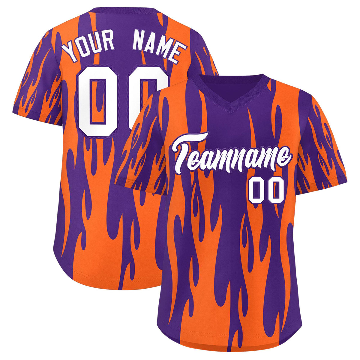 Custom Purple Orange Flame Pattern Authentic Pullover Baseball Jersey