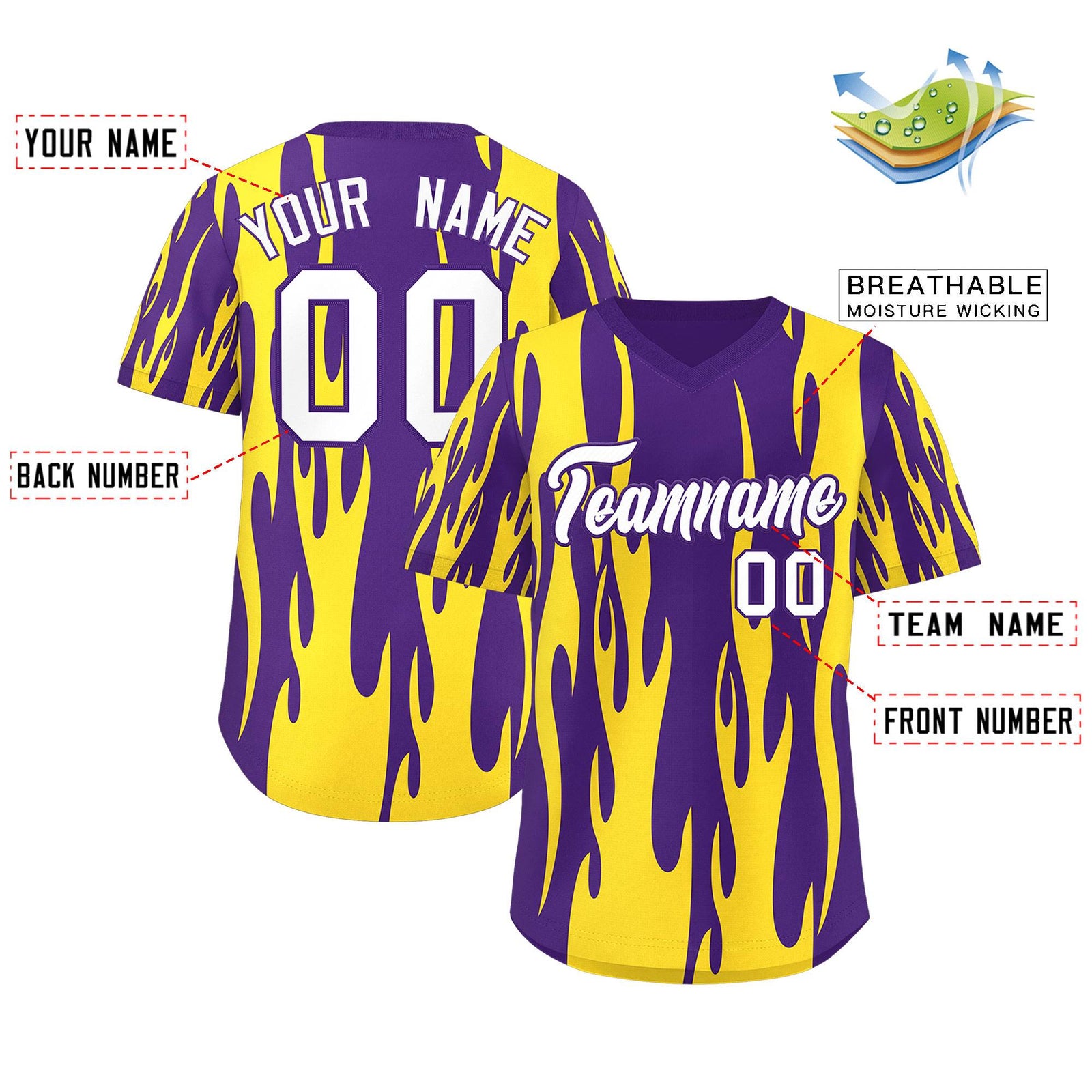 Custom Purple Gold Flame Pattern Authentic Pullover Baseball Jersey