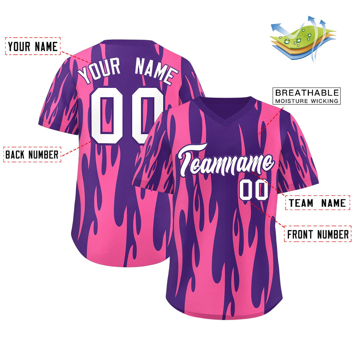 Custom Purple Pink Flame Pattern Authentic Pullover Baseball Jersey