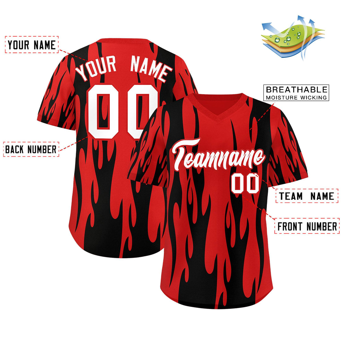 Custom Red Black Flame Pattern Authentic Pullover Baseball Jersey