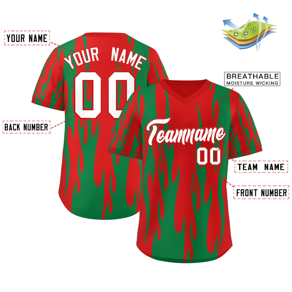 Custom Red Kelly Green Flame Pattern Authentic Pullover Baseball Jersey
