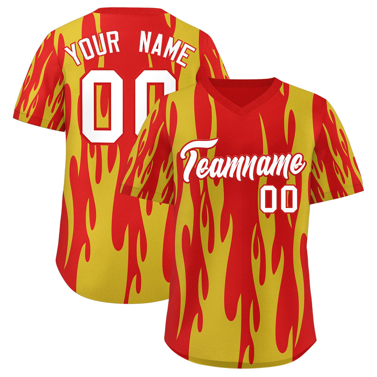 Custom Red Gold Flame Pattern Authentic Pullover Baseball Jersey