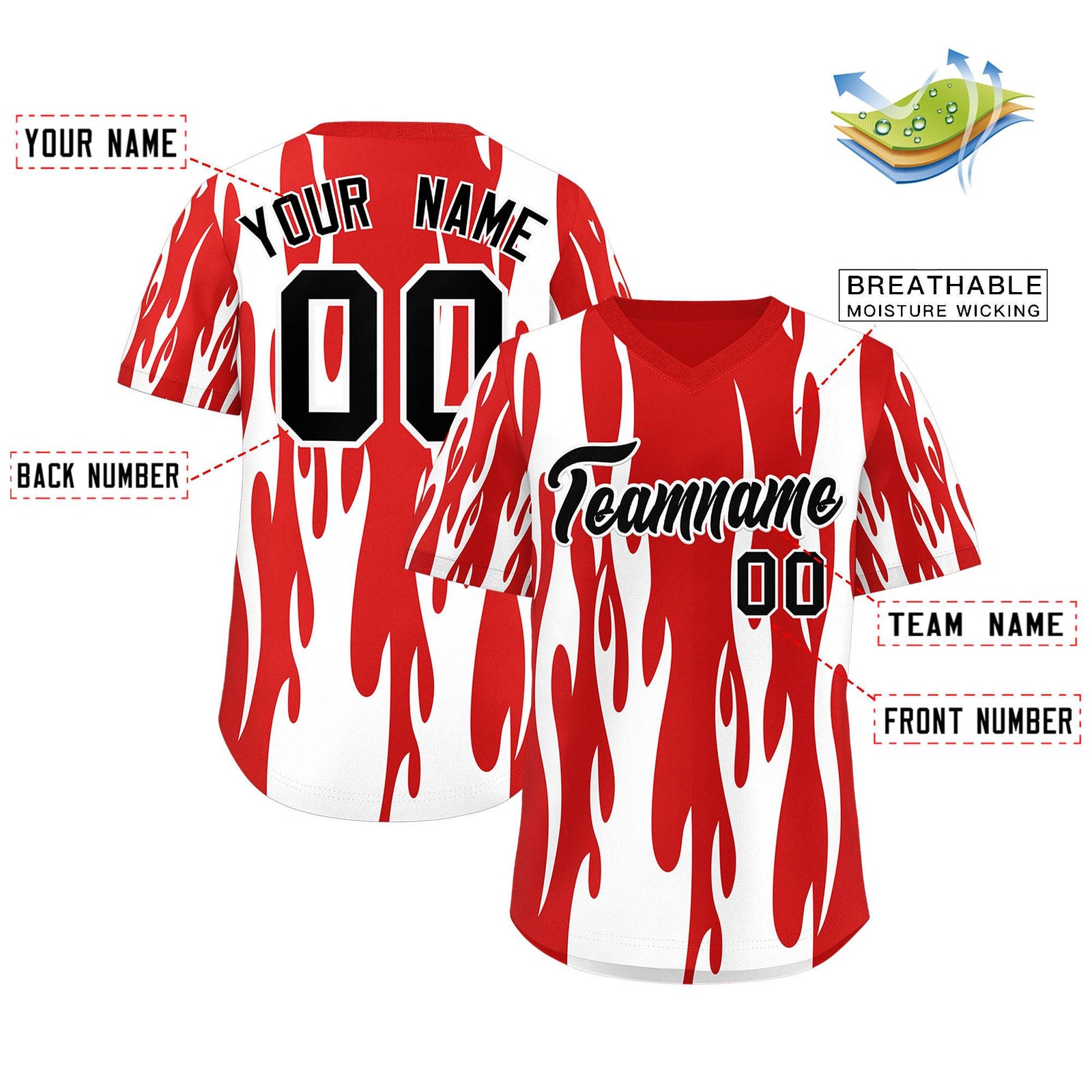 Custom Red White Flame Pattern Authentic Pullover Baseball Jersey