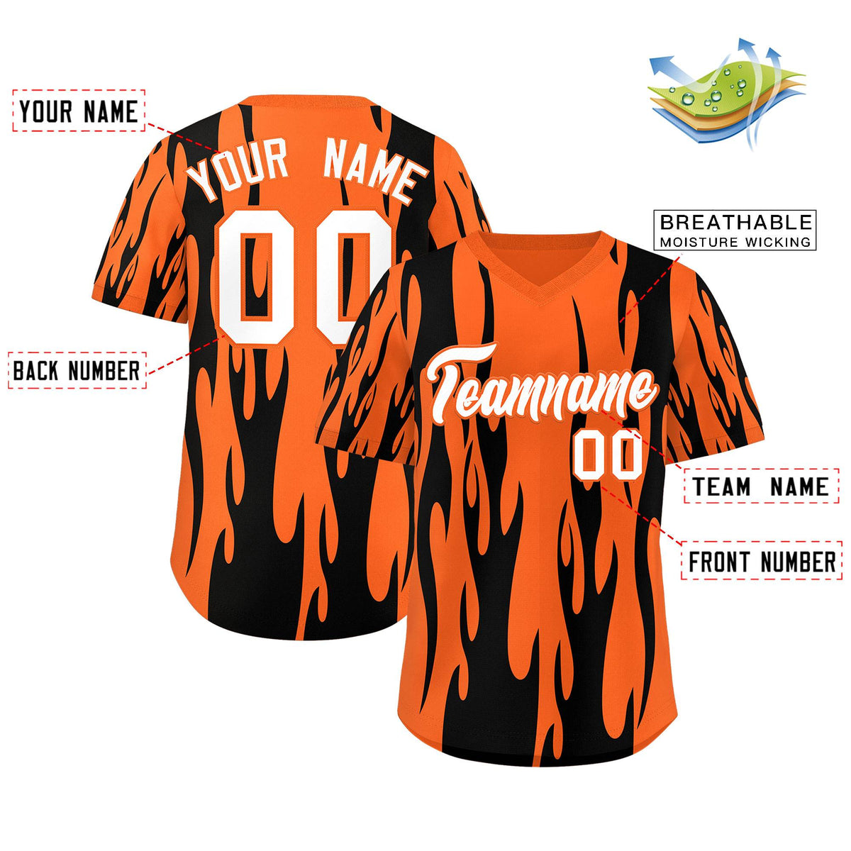 Custom Orange Black Flame Pattern Authentic Pullover Baseball Jersey