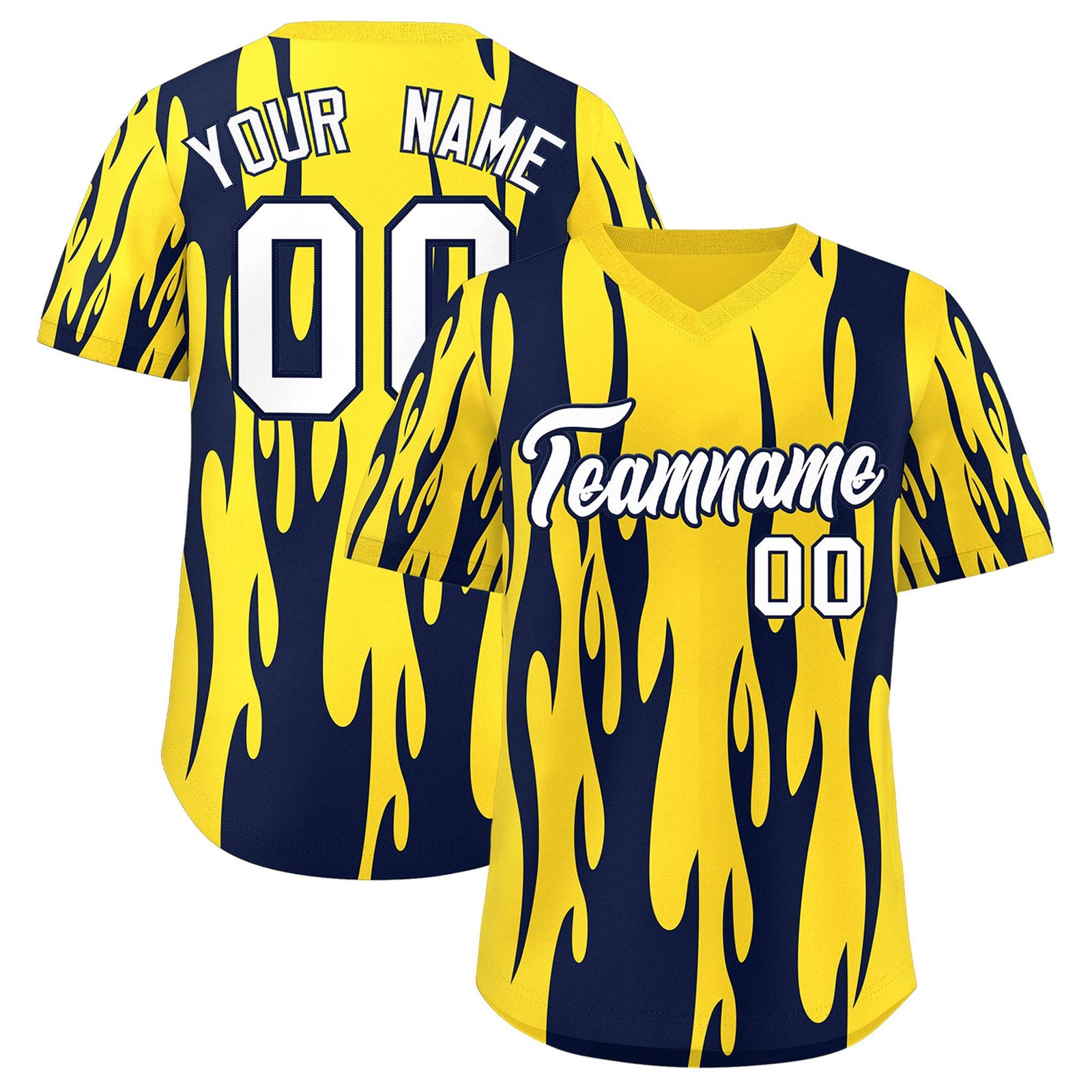 Custom Gold Navy Flame Pattern Authentic Pullover Baseball Jersey