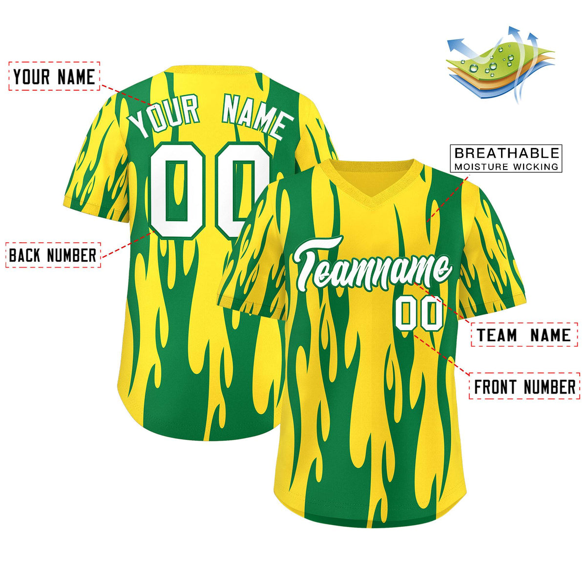 Custom Gold Kelly Green Flame Pattern Authentic Pullover Baseball Jersey