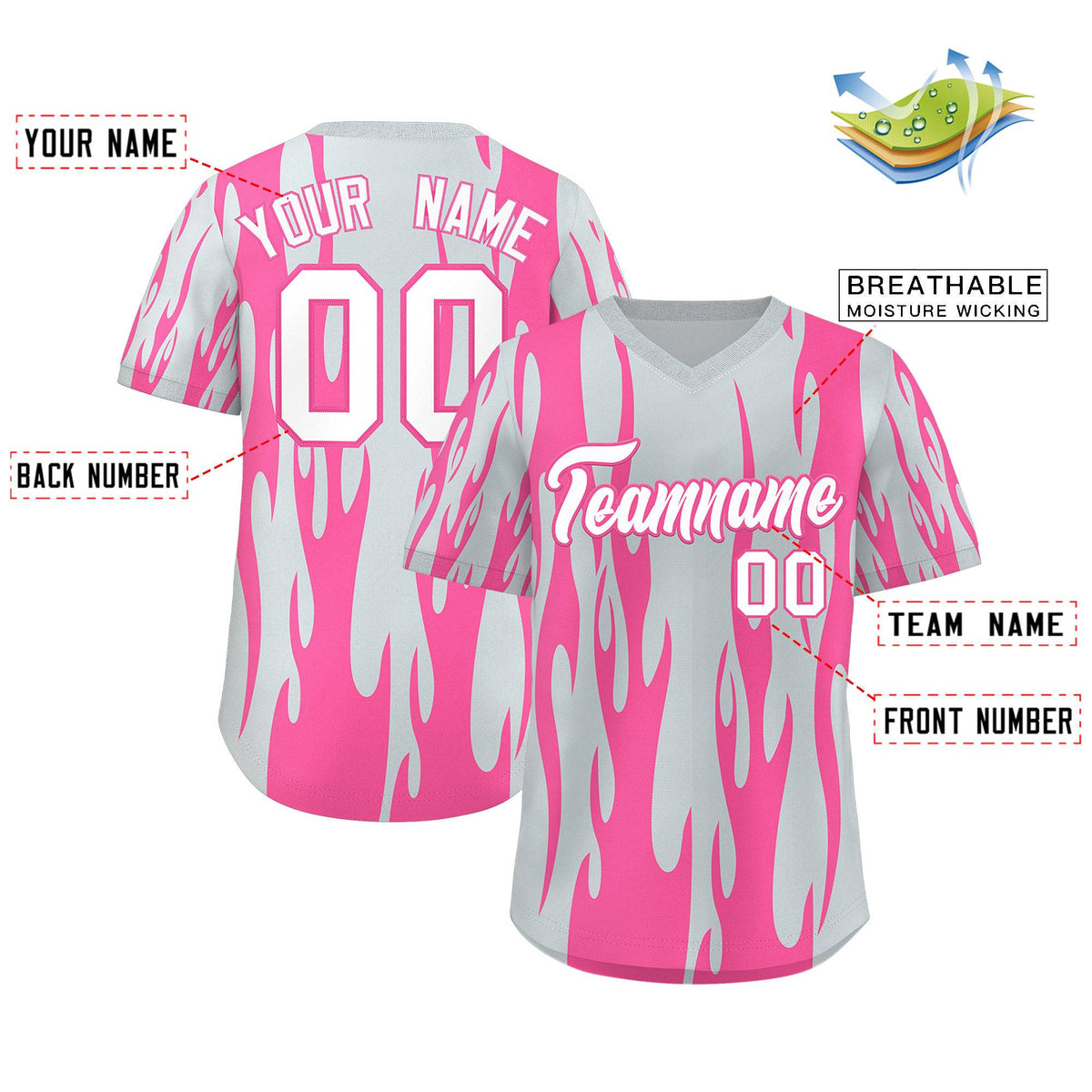 Custom Pink Silver Flame Pattern Authentic Pullover Baseball Jersey