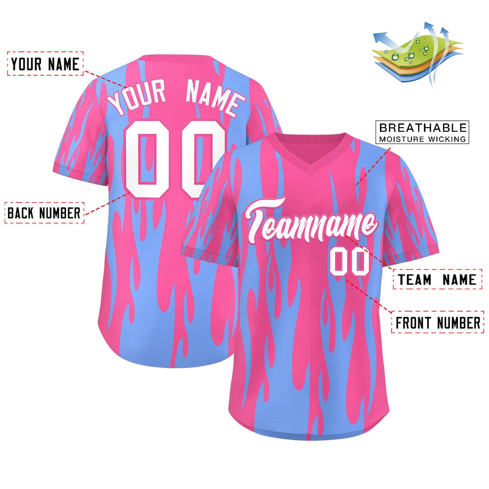 Custom Pink Light Blue Flame Pattern Authentic Pullover Baseball Jersey
