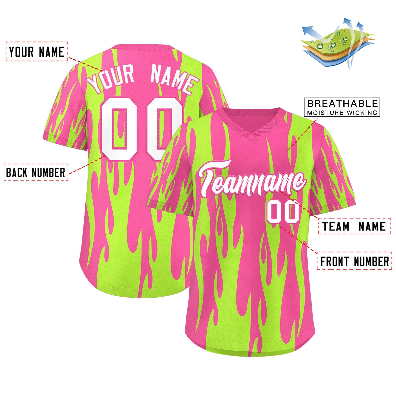 Custom Pink Neon Green Flame Pattern Authentic Pullover Baseball Jersey
