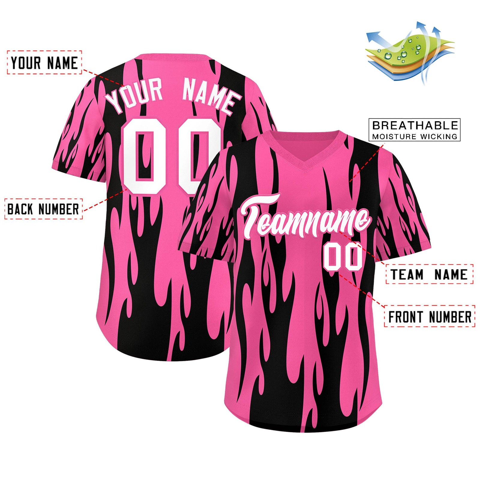 Custom Pink Black Flame Pattern Authentic Pullover Baseball Jersey