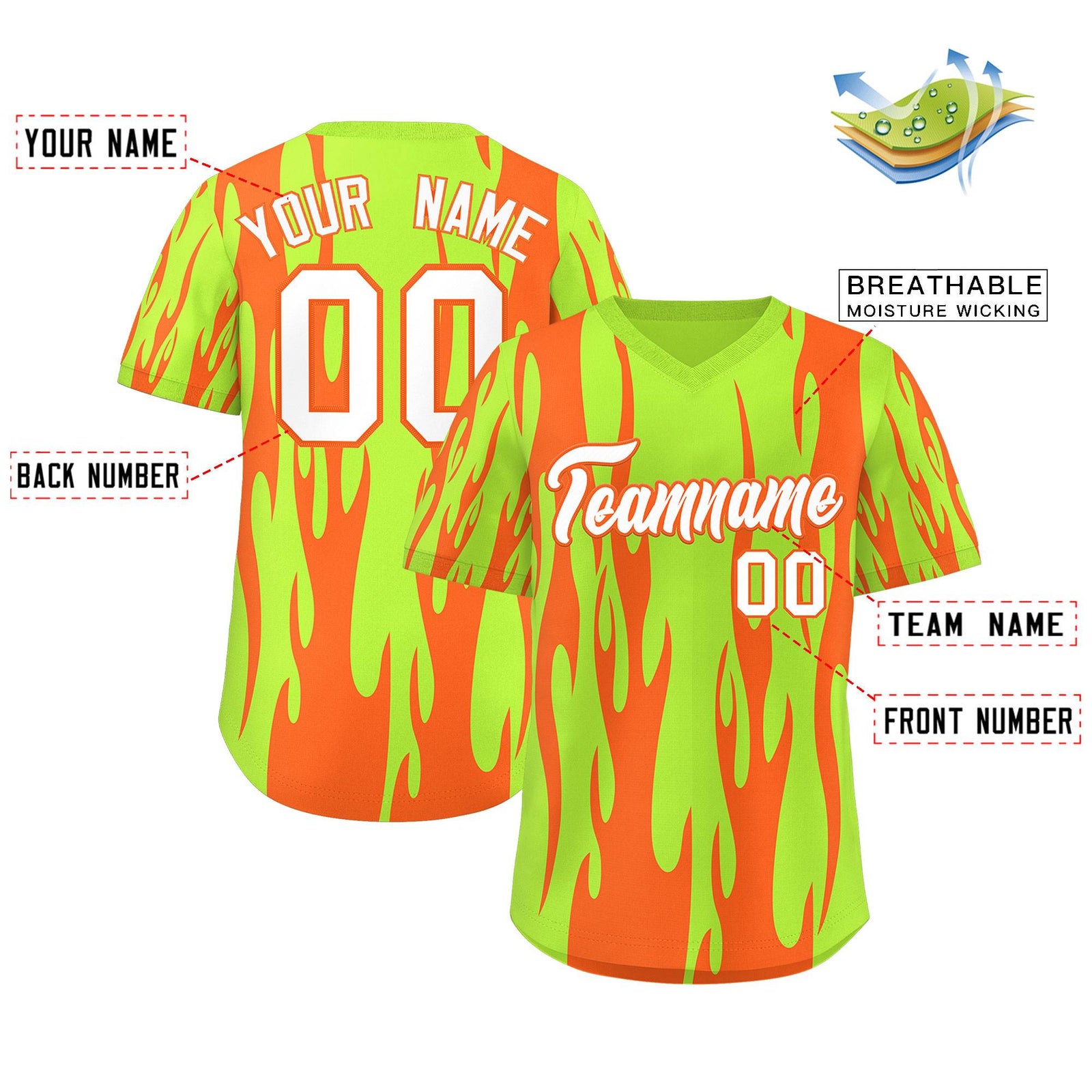 Custom Neon Green Orange Flame Pattern Authentic Pullover Baseball Jersey
