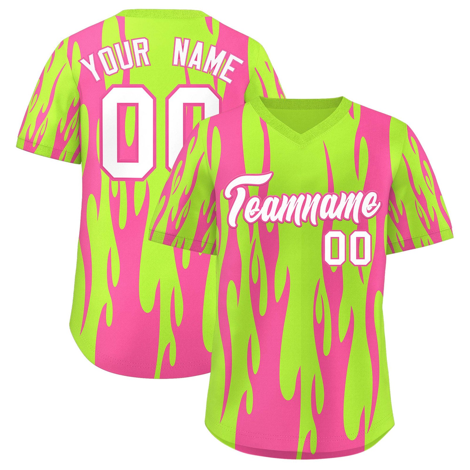 Custom Neon Green Pink Flame Pattern Authentic Pullover Baseball Jersey