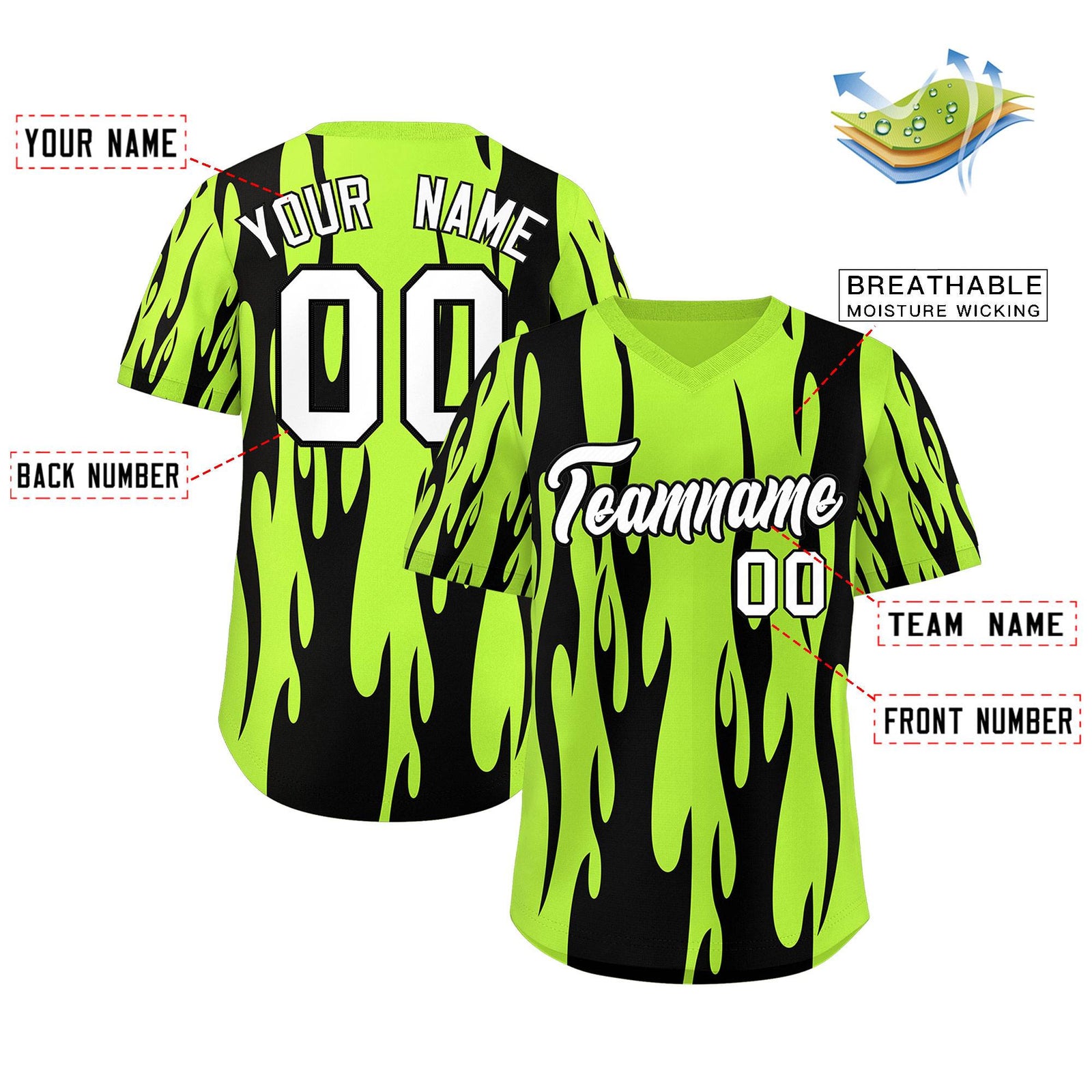 Custom Neon Green Black Flame Pattern Authentic Pullover Baseball Jersey