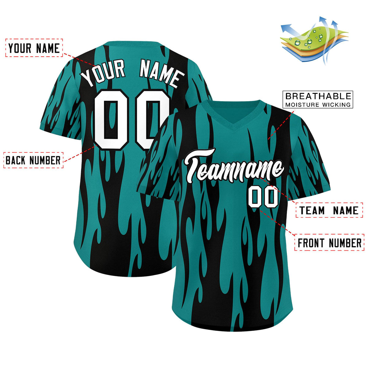 Custom Aqua Black Flame Pattern Authentic Pullover Baseball Jersey