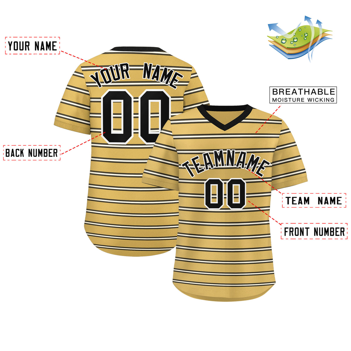 Custom Old Gold Black-White Personalized Horizontal Stripe Authentic Pullover Baseball Jersey