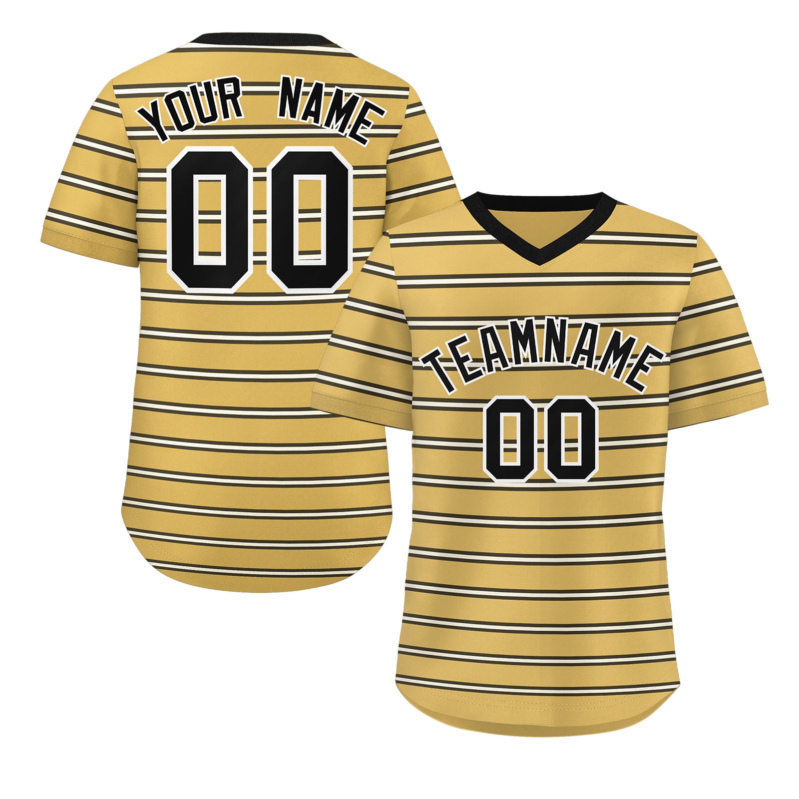 Custom Old Gold Black-White Personalized Horizontal Stripe Authentic Pullover Baseball Jersey