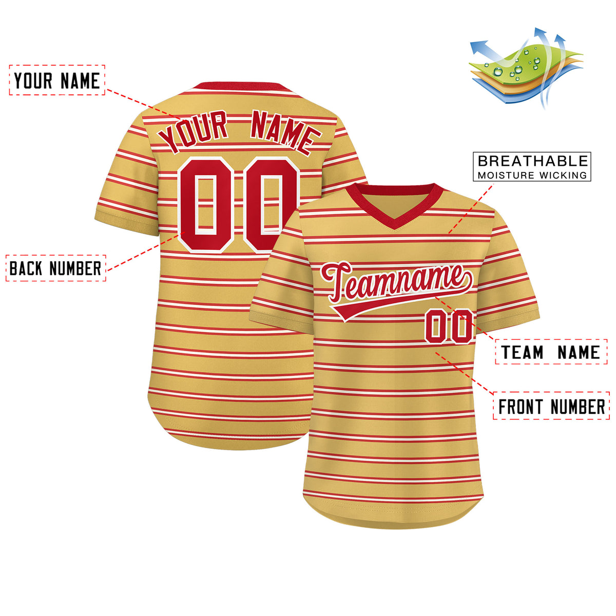 Custom Old Gold Red-White Personalized Horizontal Stripe Authentic Pullover Baseball Jersey