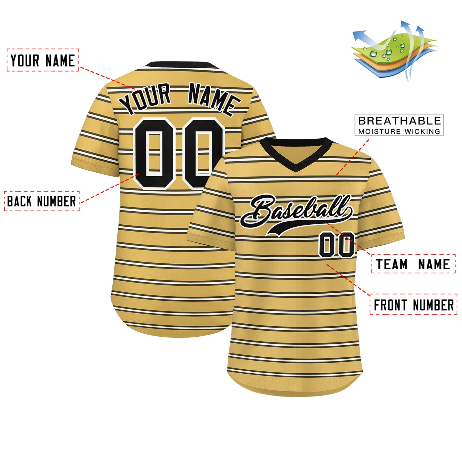 Custom Old Gold Black-White Personalized Horizontal Stripe Authentic Pullover Baseball Jersey