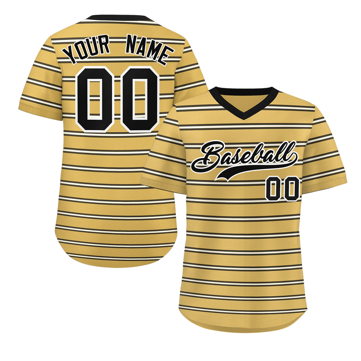 Custom Old Gold Black-White Personalized Horizontal Stripe Authentic Pullover Baseball Jersey