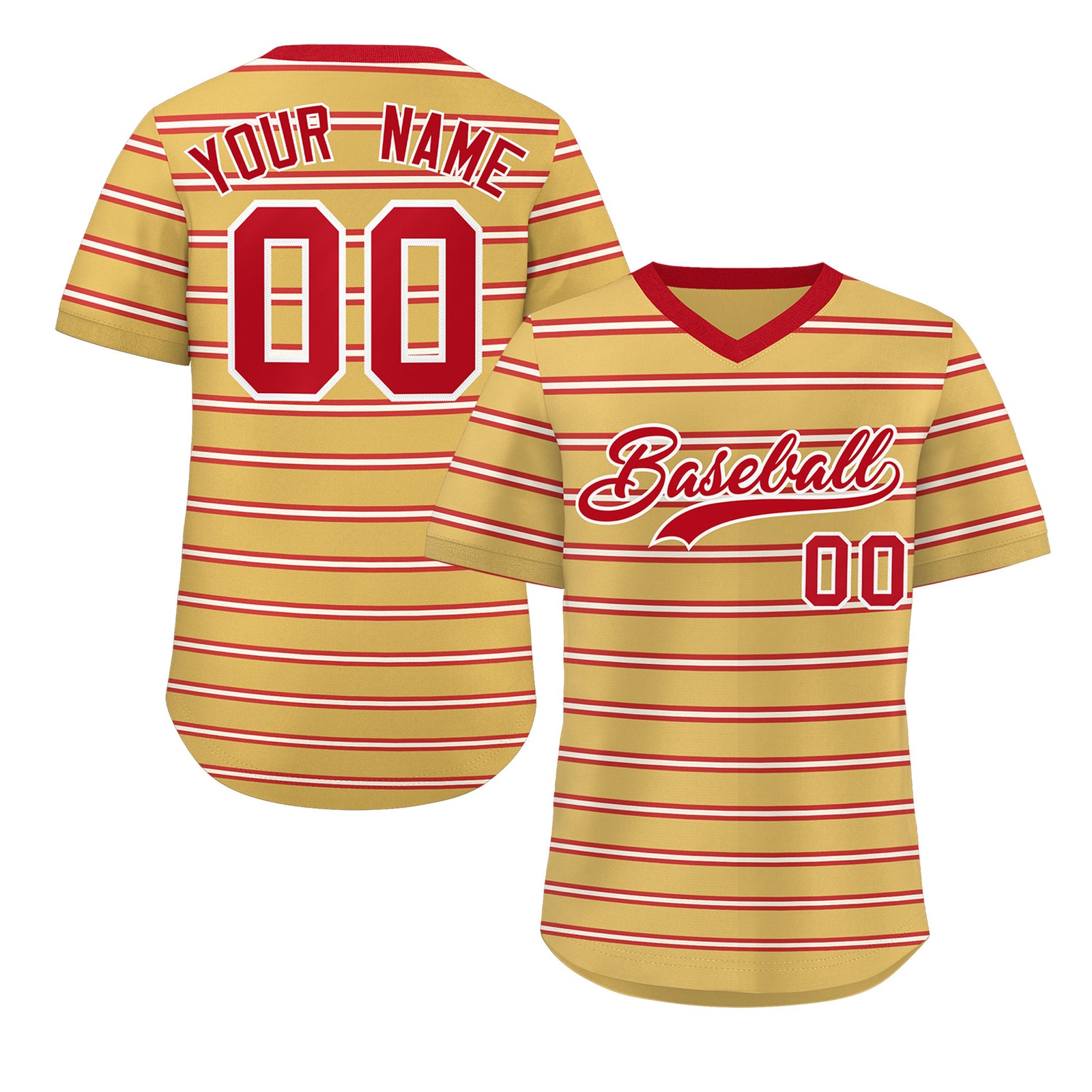 Custom Old Gold Red-White Personalized Horizontal Stripe Authentic Pullover Baseball Jersey