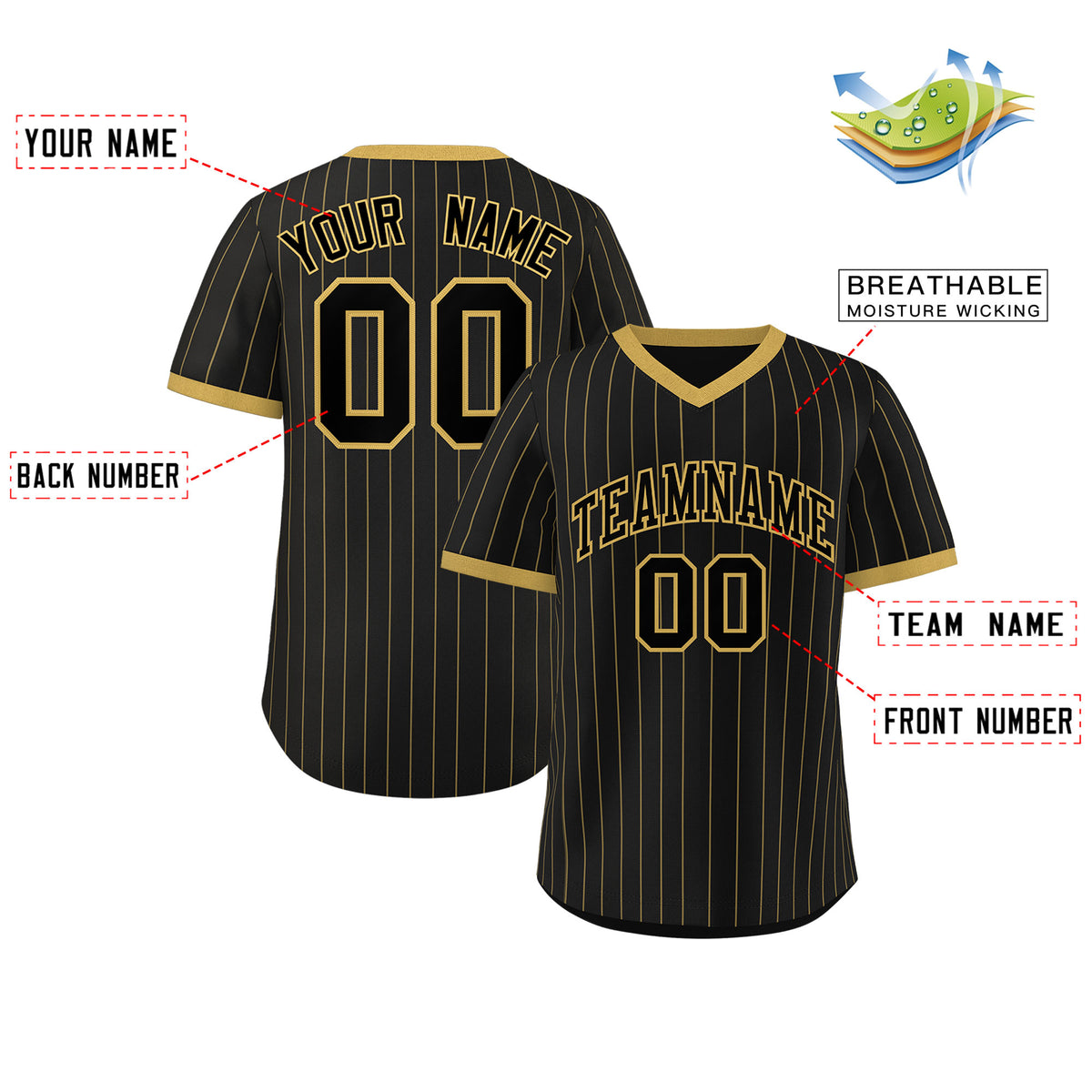 Custom Black Old Gold Stripe Fashion Authentic Pullover Baseball Jersey