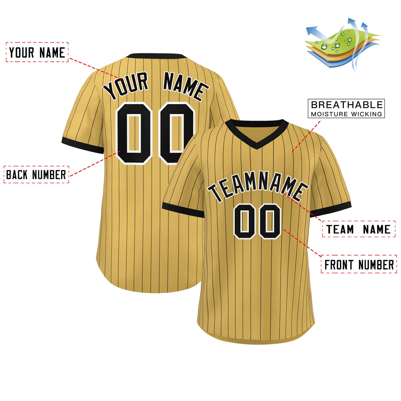 Custom Old Gold Black Stripe Fashion Authentic Pullover Baseball Jersey