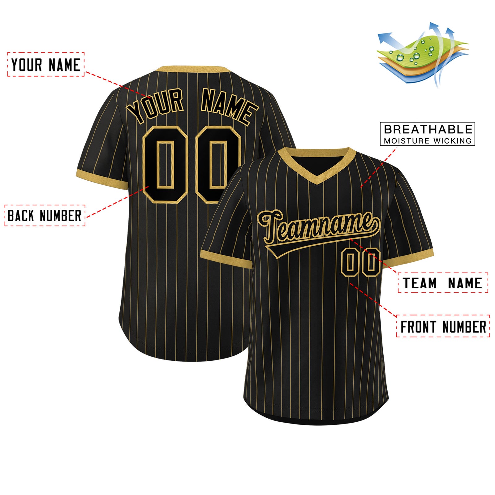Custom Black Old Gold Stripe Fashion Authentic Pullover Baseball Jersey