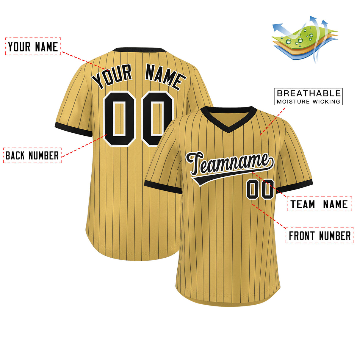 Custom Old Gold Black Stripe Fashion Authentic Pullover Baseball Jersey