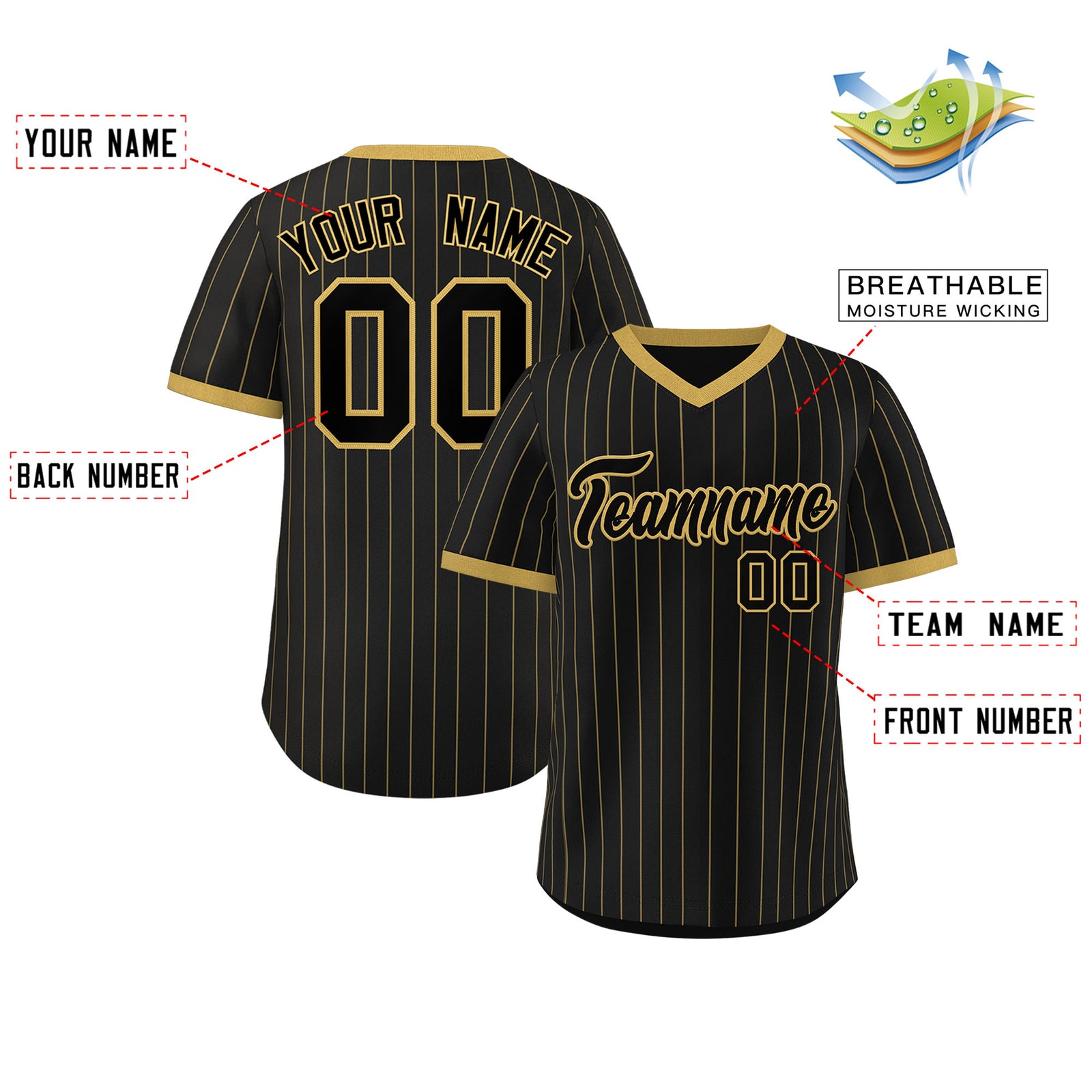 Custom Black Old Gold Stripe Fashion Authentic Pullover Baseball Jersey