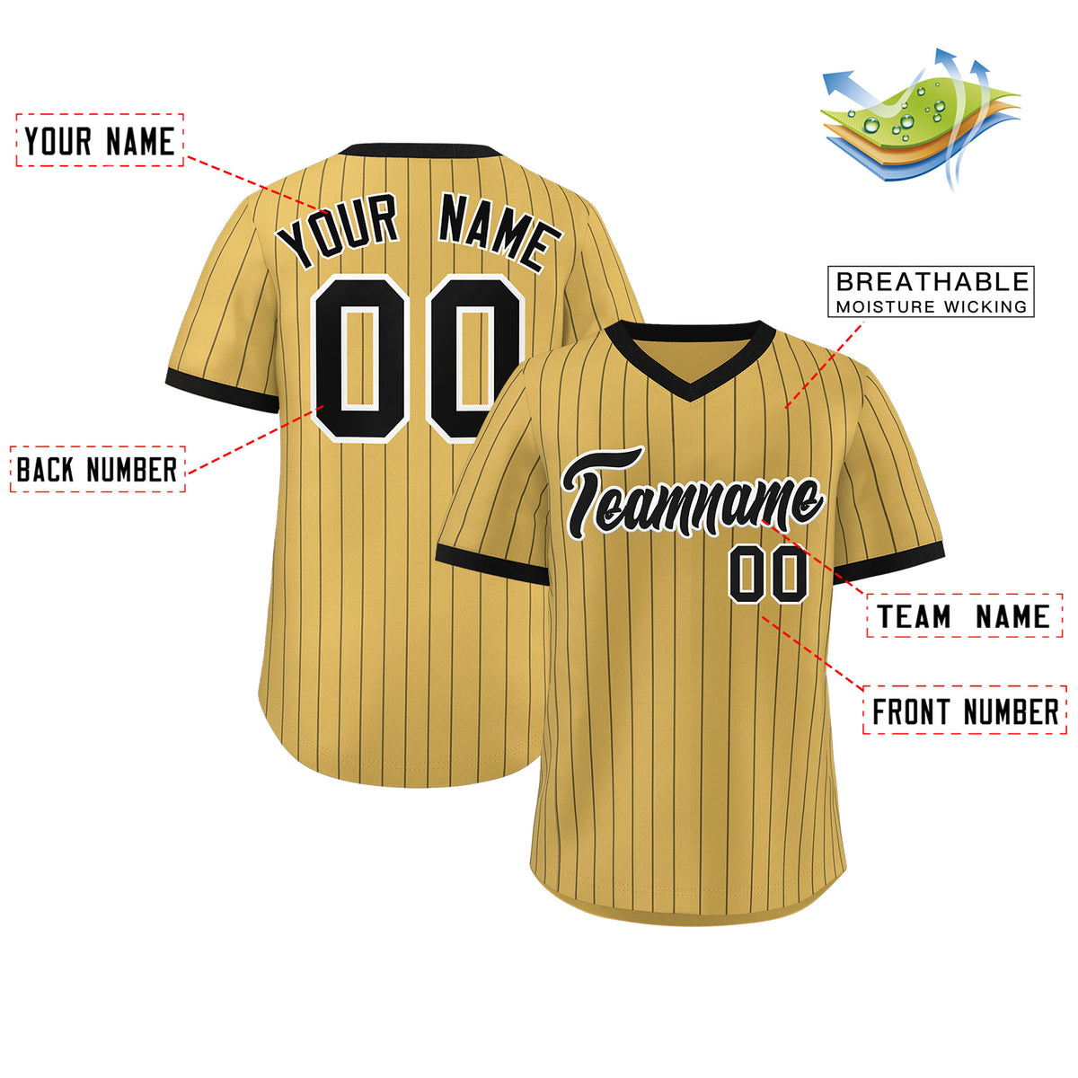 Custom Old Gold Black Stripe Fashion Authentic Pullover Baseball Jersey