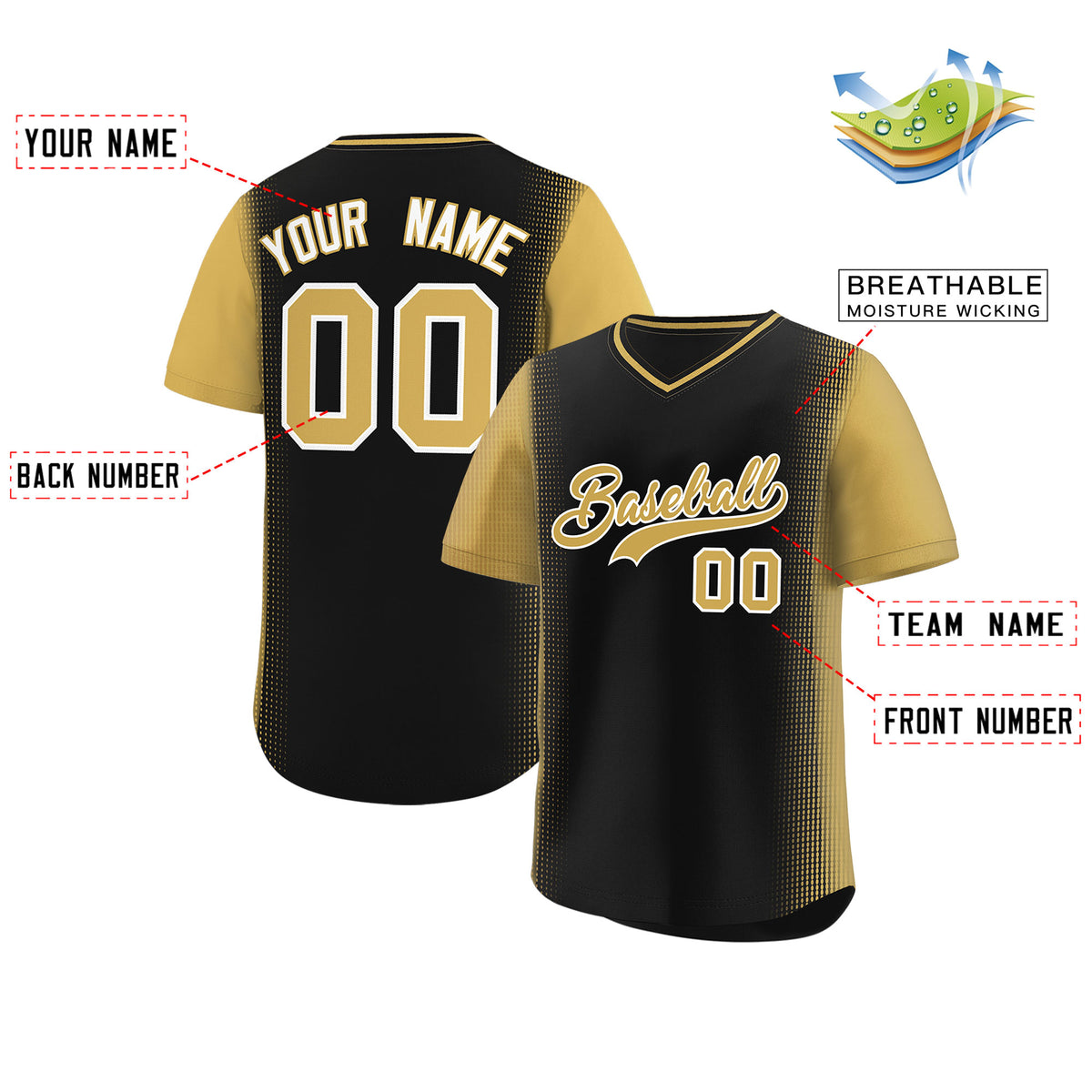 Custom Black Old Gold Personalized Raglan Sleeves Authentic Pullover Baseball Jersey