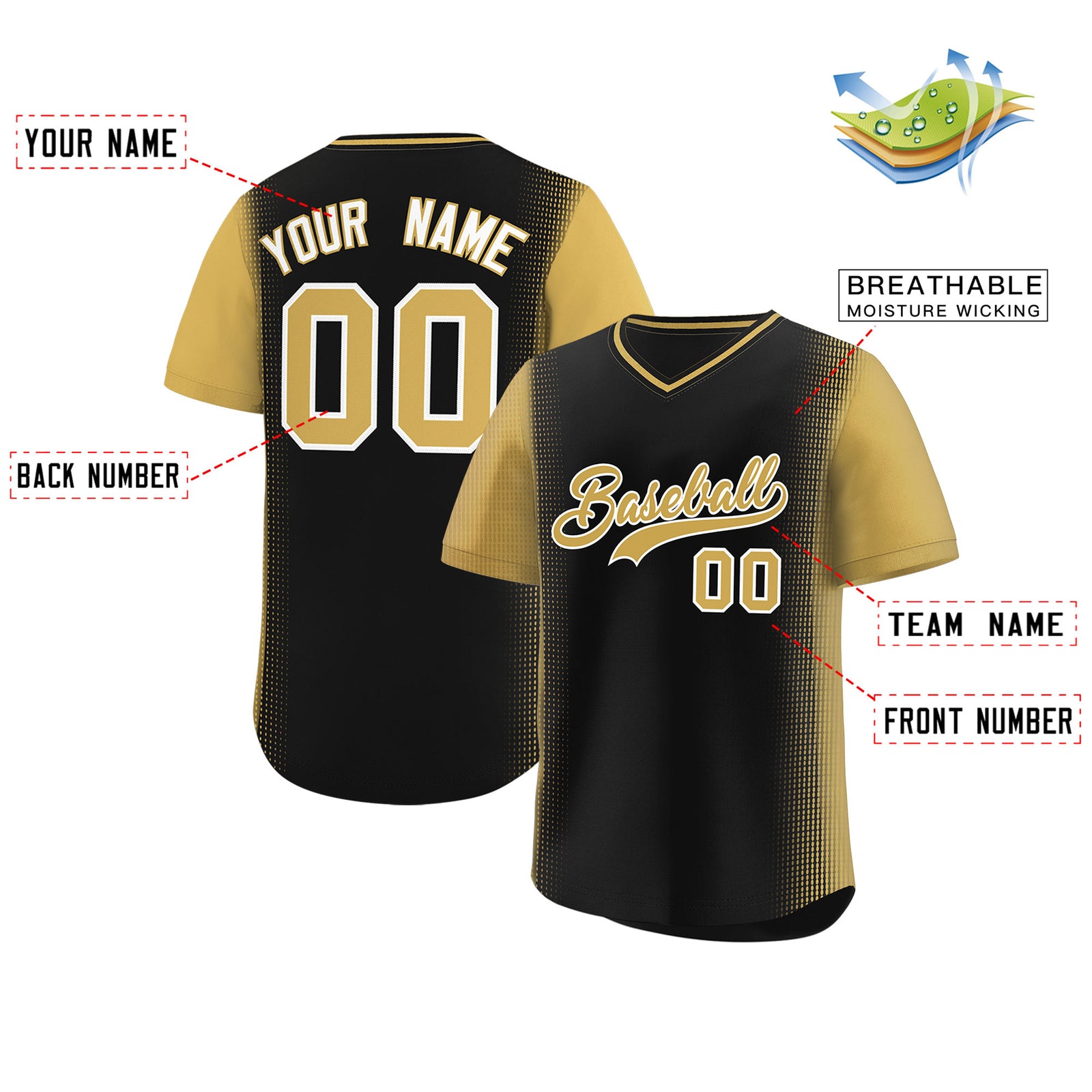 Custom Black Old Gold Personalized Raglan Sleeves Authentic Pullover Baseball Jersey
