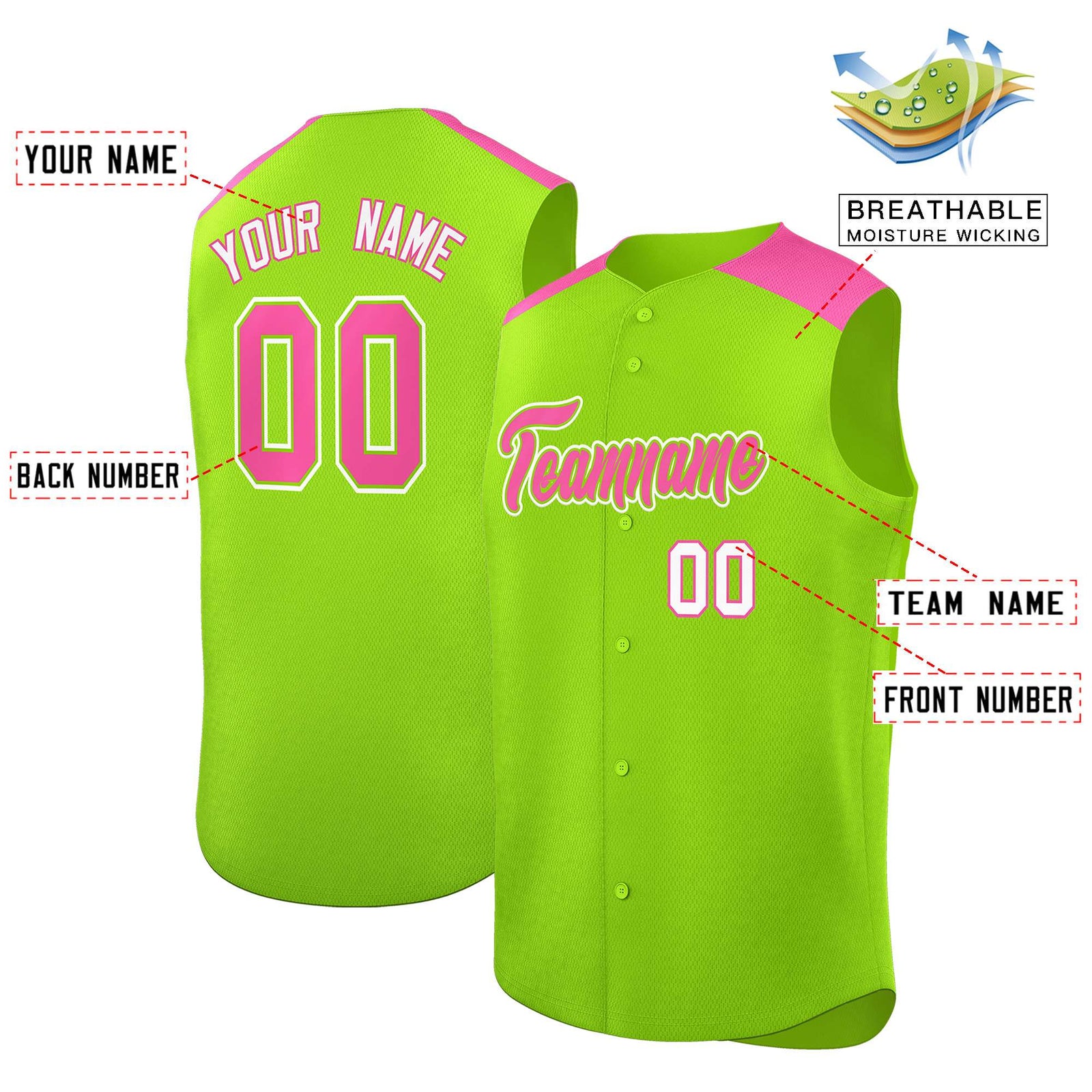 Custom Neon Green Pink Personalized Classic Authentic Sleeveless Baseball Jersey